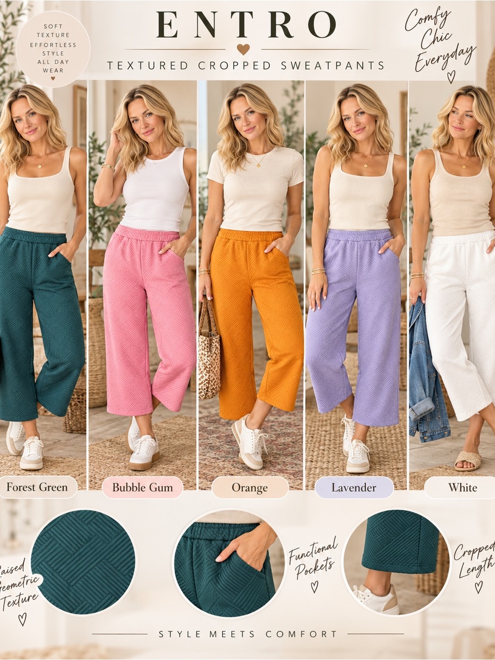 Entro Textured Cropped Sweatpants — Multiple colors